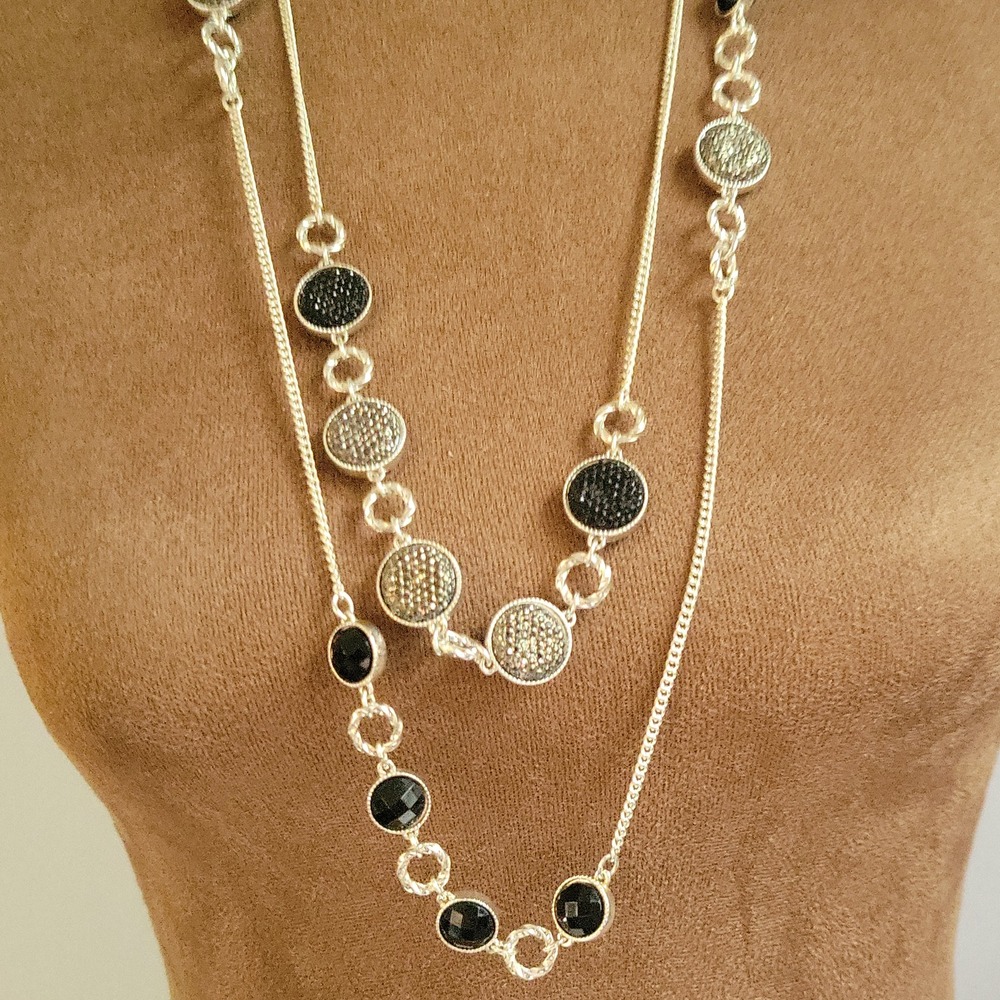 Silver Tone Layered Faux Druzy Circle Station Necklace 30 Inch Dark Academia